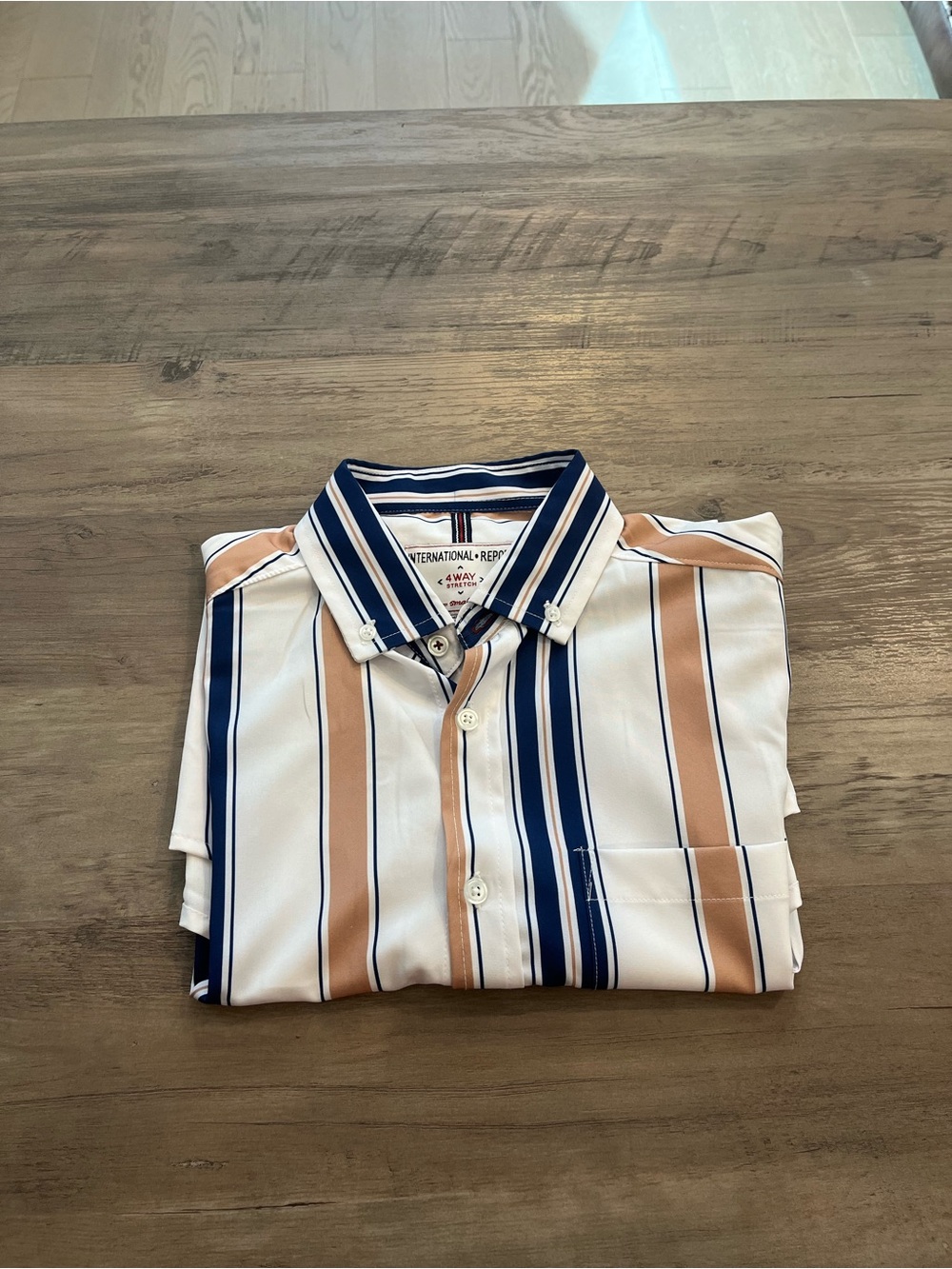 Men’s White Stripe Button-Up Shirt with Navy & Tan